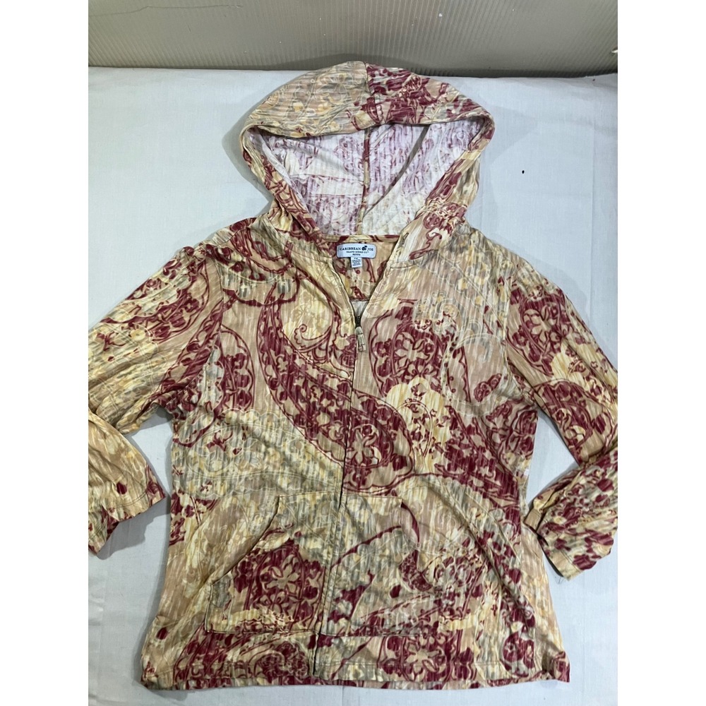 Caribbean Joe Womens Petite PM Paisley Full Zip Hoodie Tan Burgundy Cotton Blend
